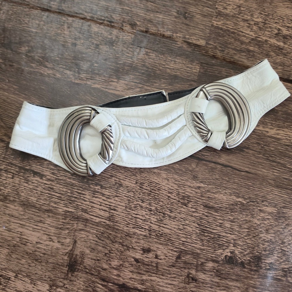SHARON BURCH Wide Belt Womens S White Leather Silver Double Ring Vintage 80s